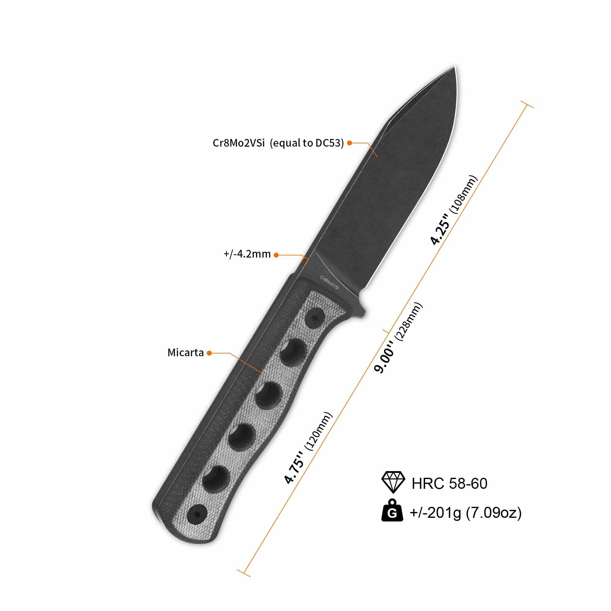 QSP Canary Fixed Blade Knife Cr8Mo2VSi(DC53) Blade Black Micarta Handle - Image 11