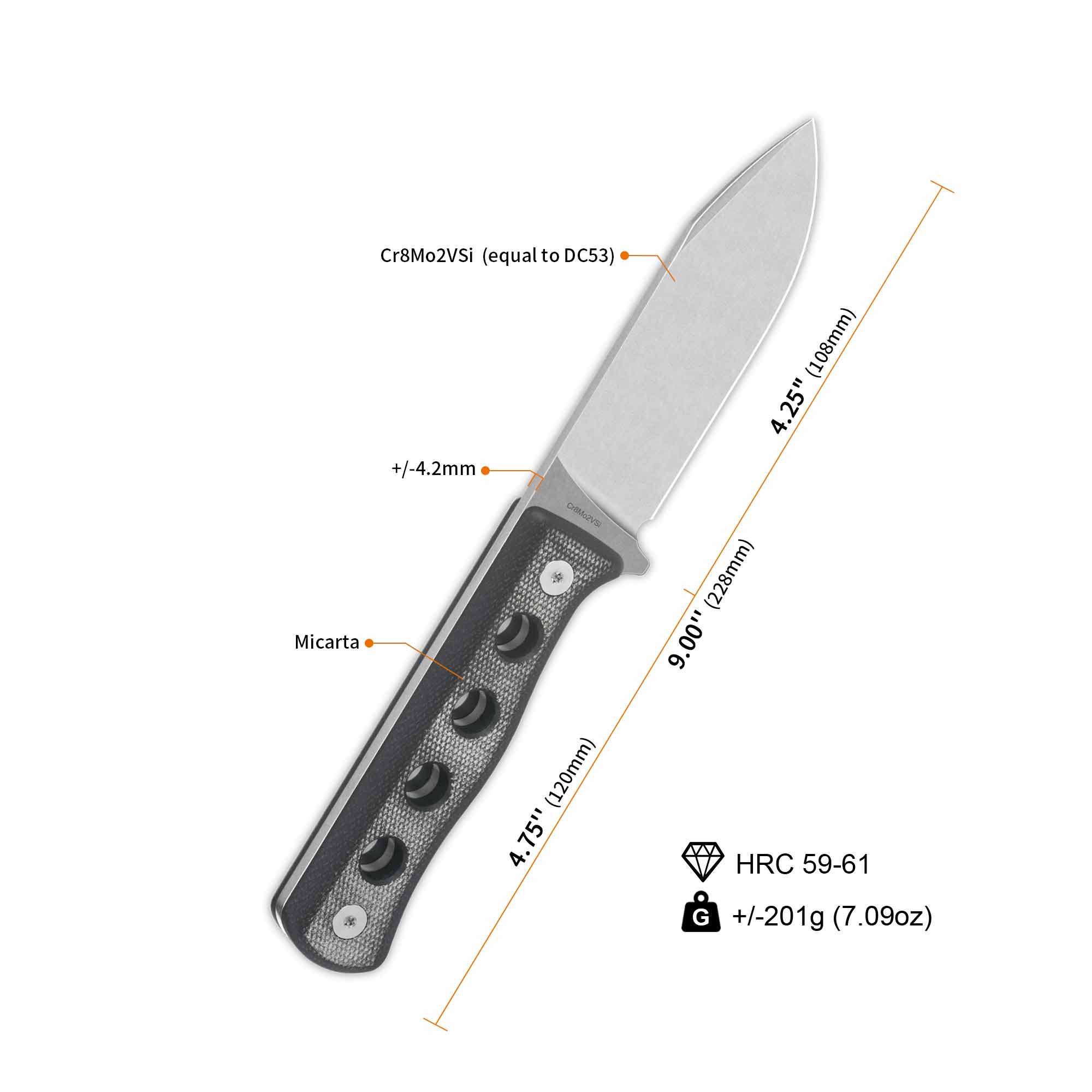 QSP Canary Fixed Blade Knife Cr8Mo2VSi(DC53) Blade Black Micarta Handle - Image 6