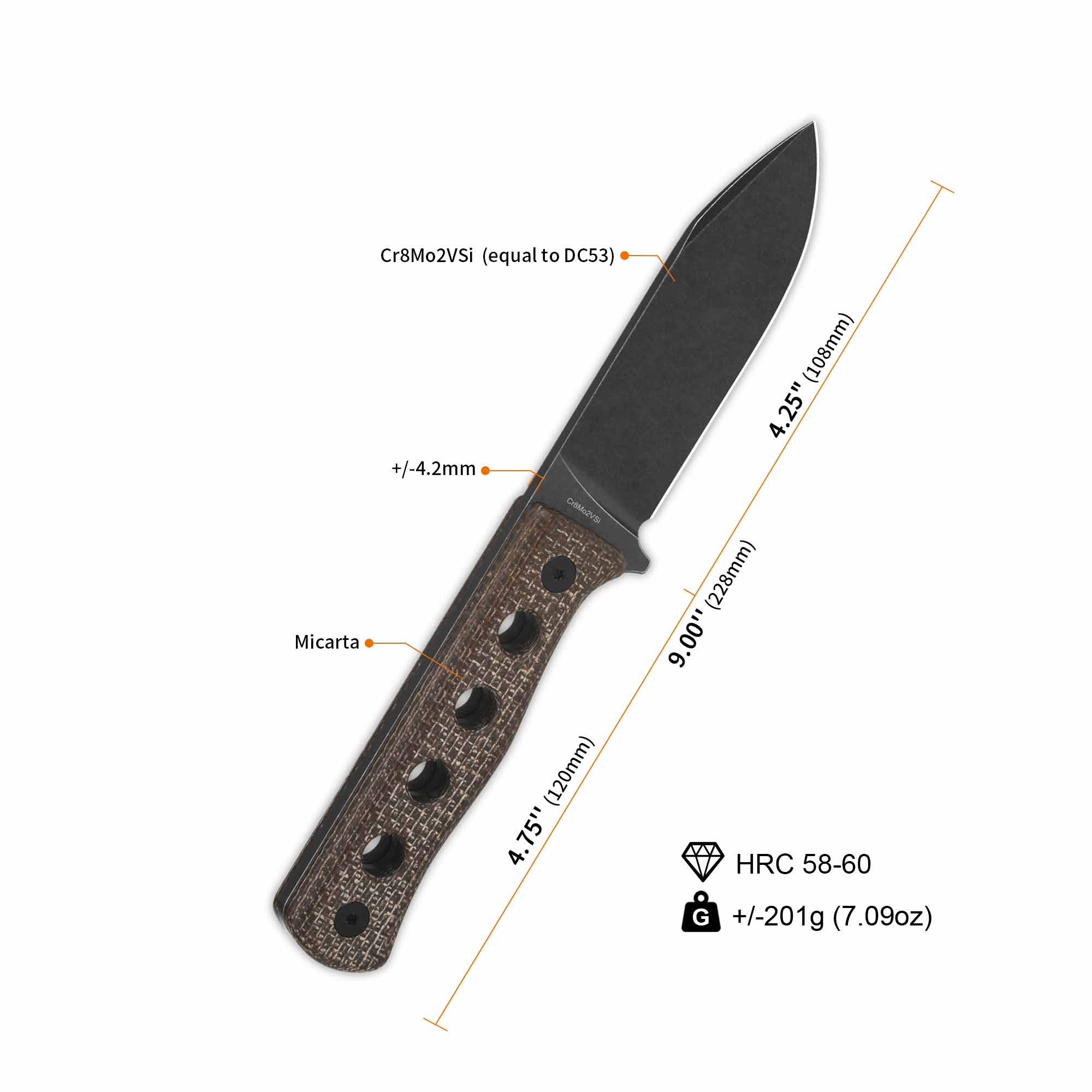 QSP Canary Fixed Blade Knife Cr8Mo2VSi(DC53) Blade Dark Brown Micarta Handle - Image 12