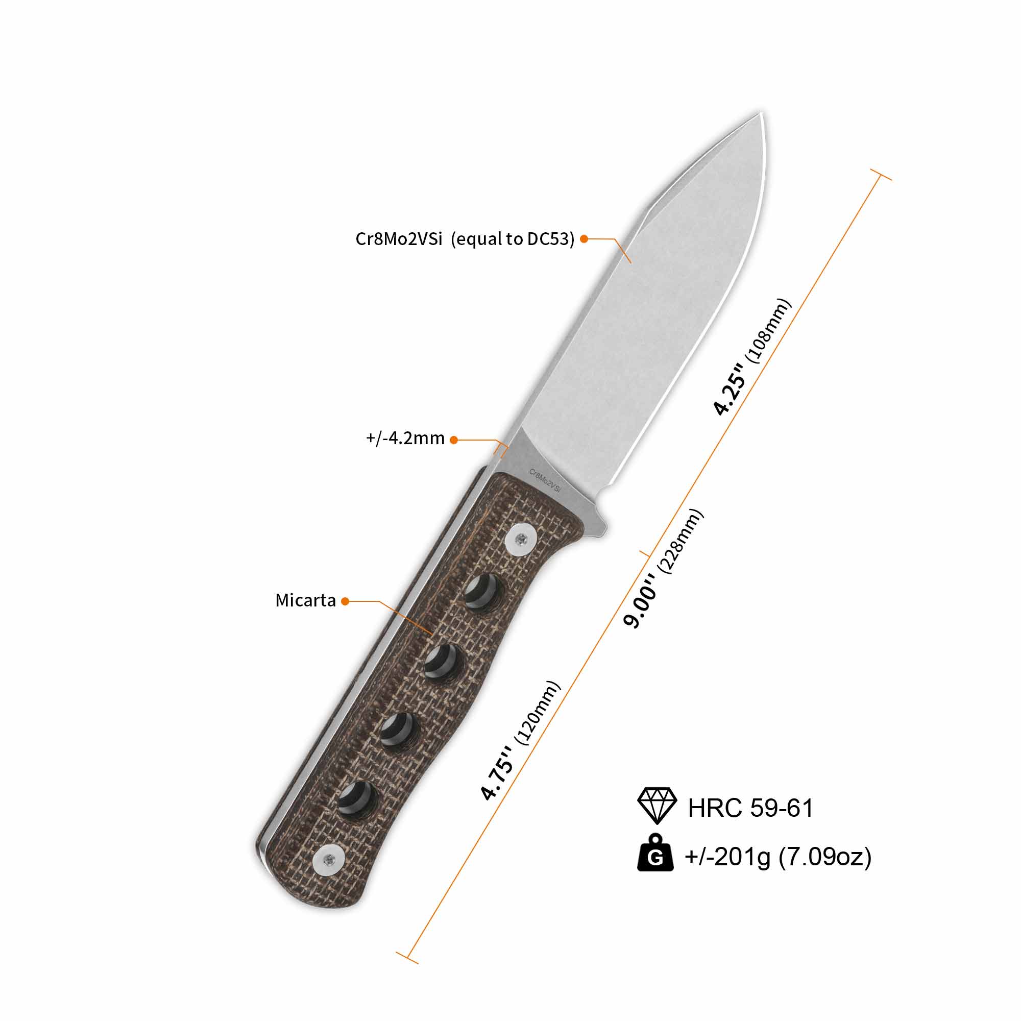QSP Canary Fixed Blade Knife Cr8Mo2VSi(DC53) Blade Dark Brown Micarta Handle - Image 6