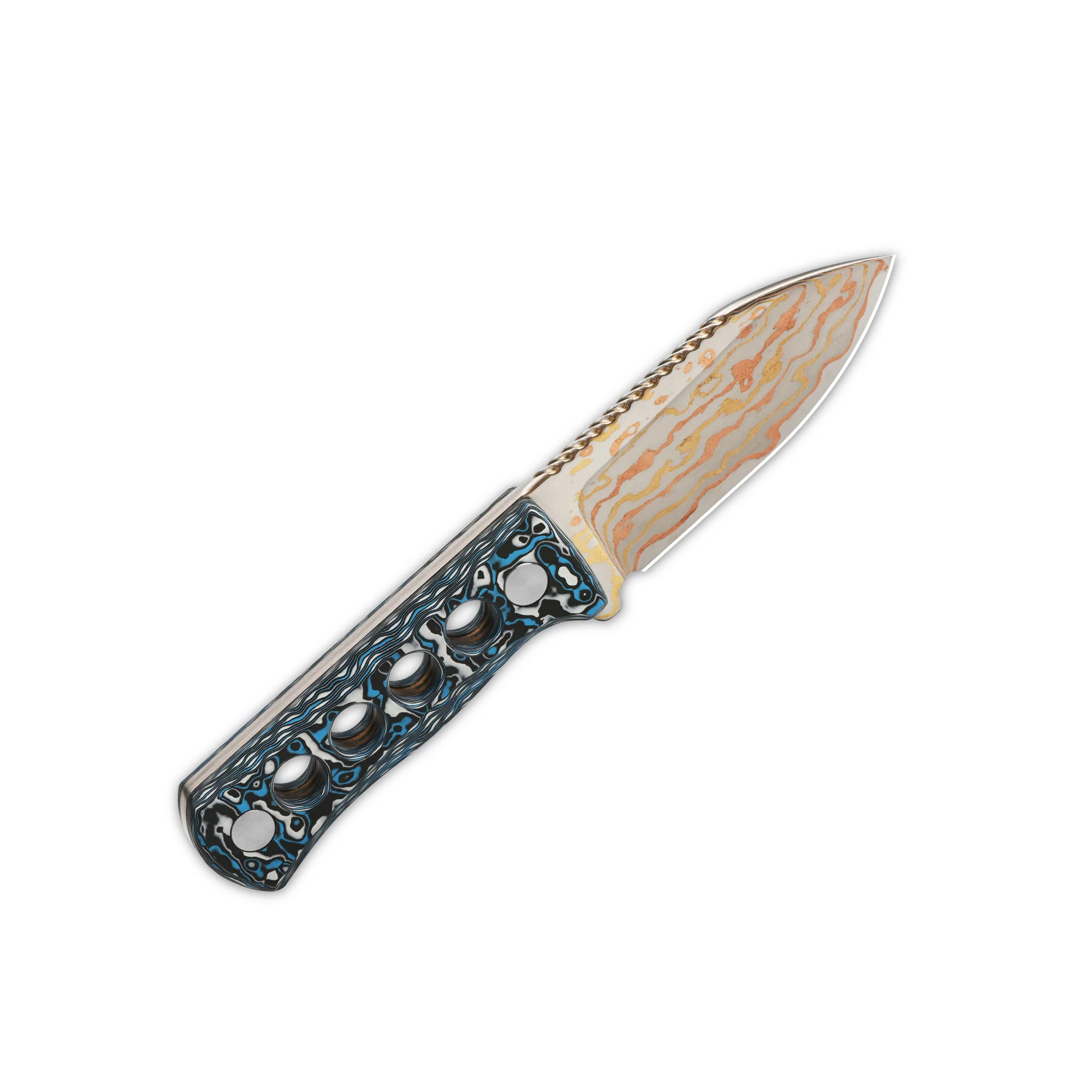 QSP Canary Neck Knife Brass Copper Damascus Blade Camo CF Handle - Image 3