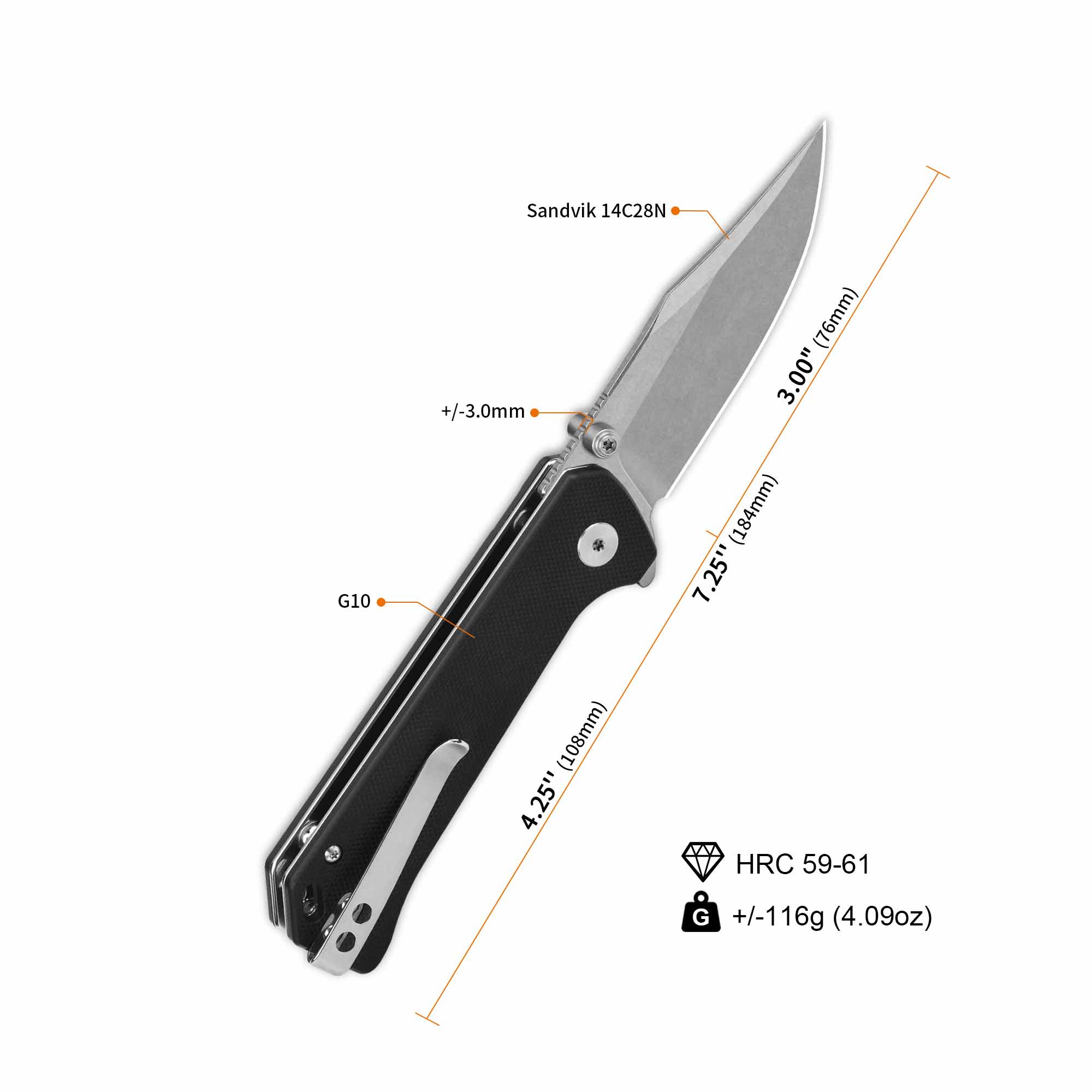 QSP Grebe Button Lock Pocket Knife 14C28N blade Black G10 Handle - Image 3