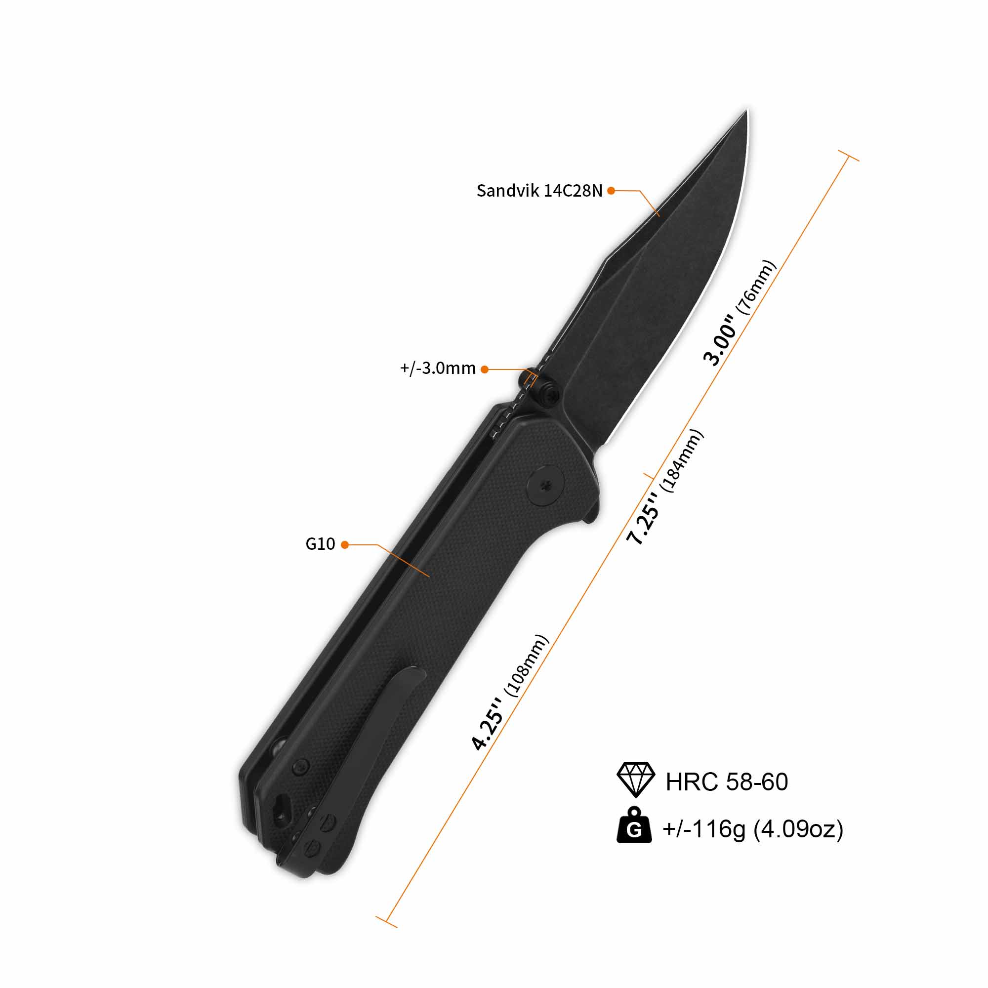 QSP Grebe Button Lock Pocket Knife 14C28N blade Black G10 Handle - Image 7