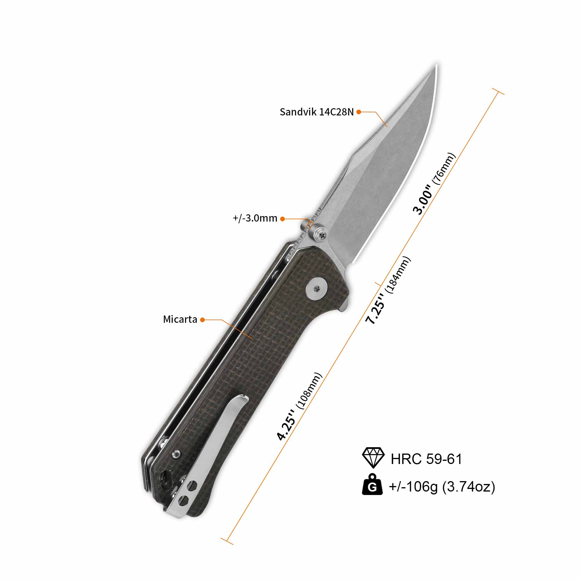 QSP Grebe Button Lock Pocket Knife 14C28N blade Dark Brown Micarta Handle - Image 3