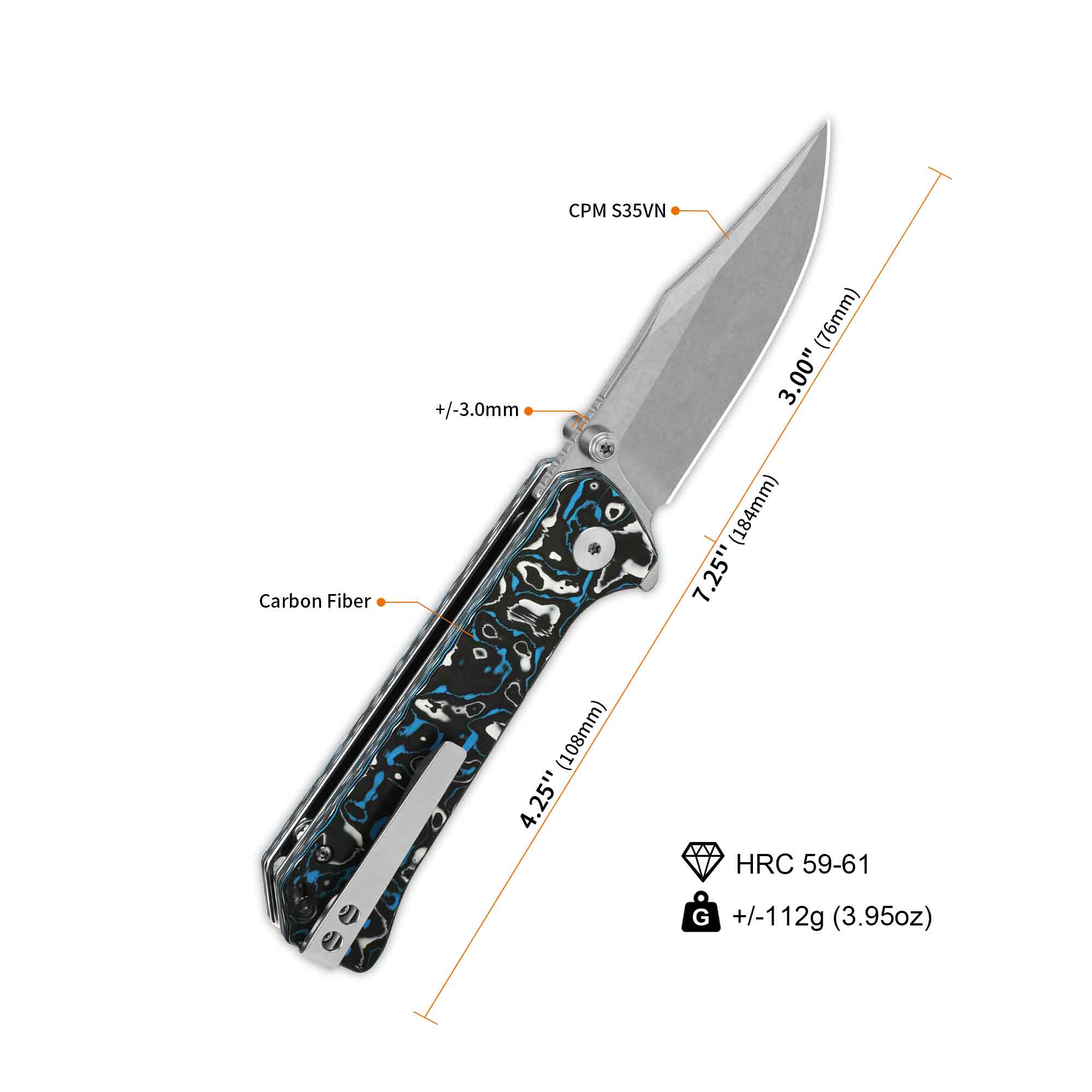 QSP Grebe Button Lock Pocket Knife S35VN blade Blue camo CF Handle - Image 3