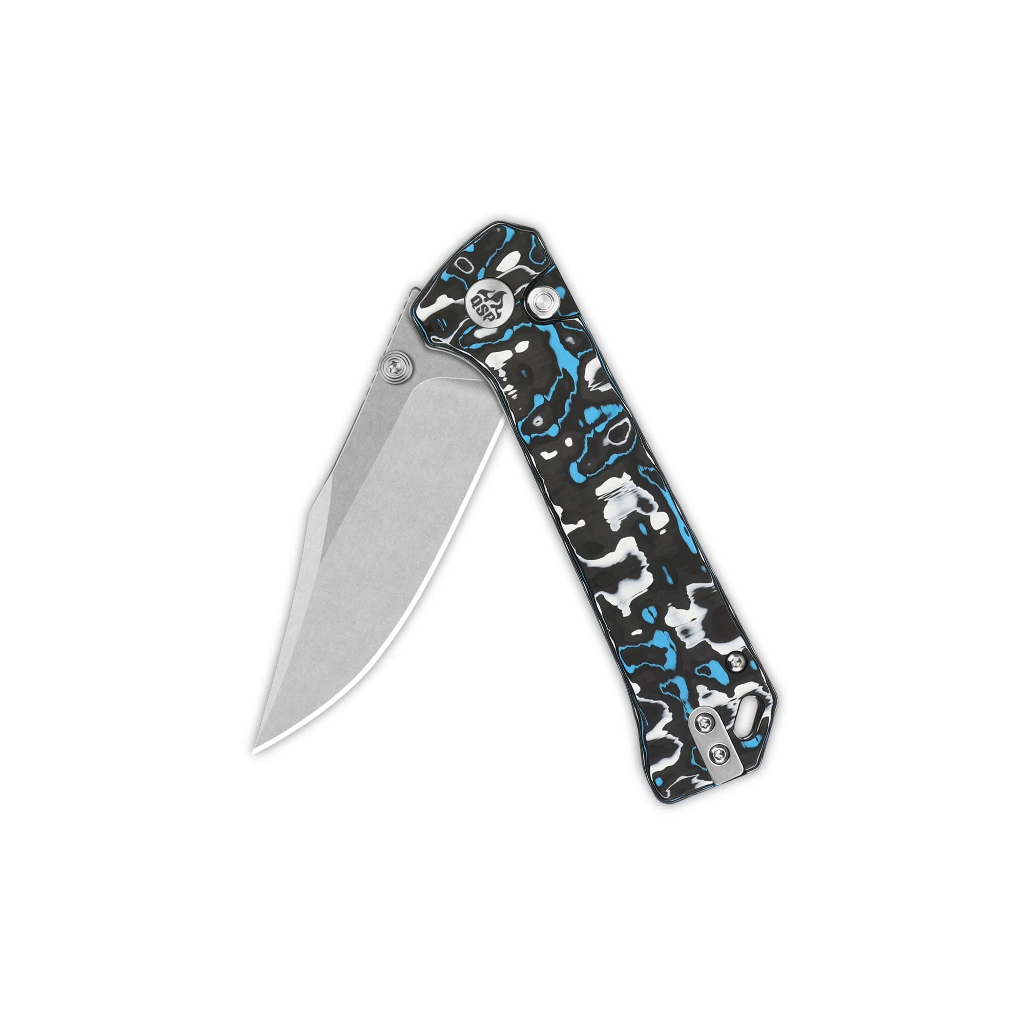 QSP Grebe Button Lock Pocket Knife S35VN blade Blue camo CF Handle - Image 4