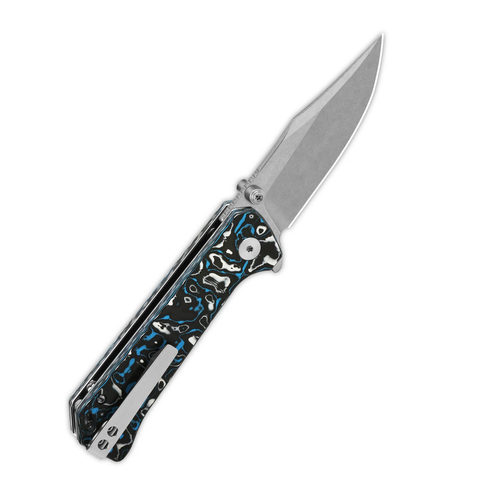 QSP Grebe Button Lock Pocket Knife S35VN blade Green camo CF Handle - Image 12