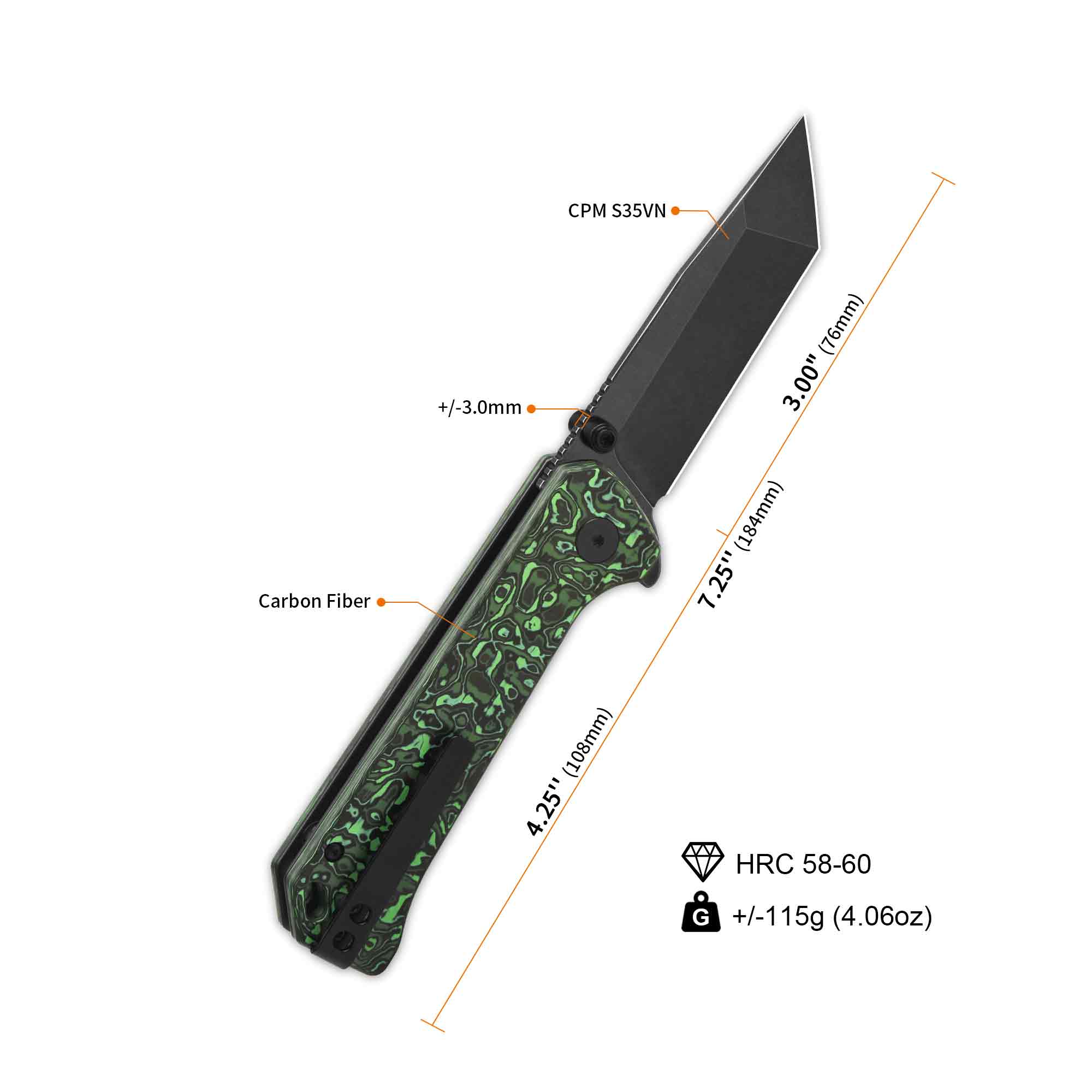 QSP Grebe T Button Lock Pocket Knife S35VN blade Green camo CF Handle - Image 7