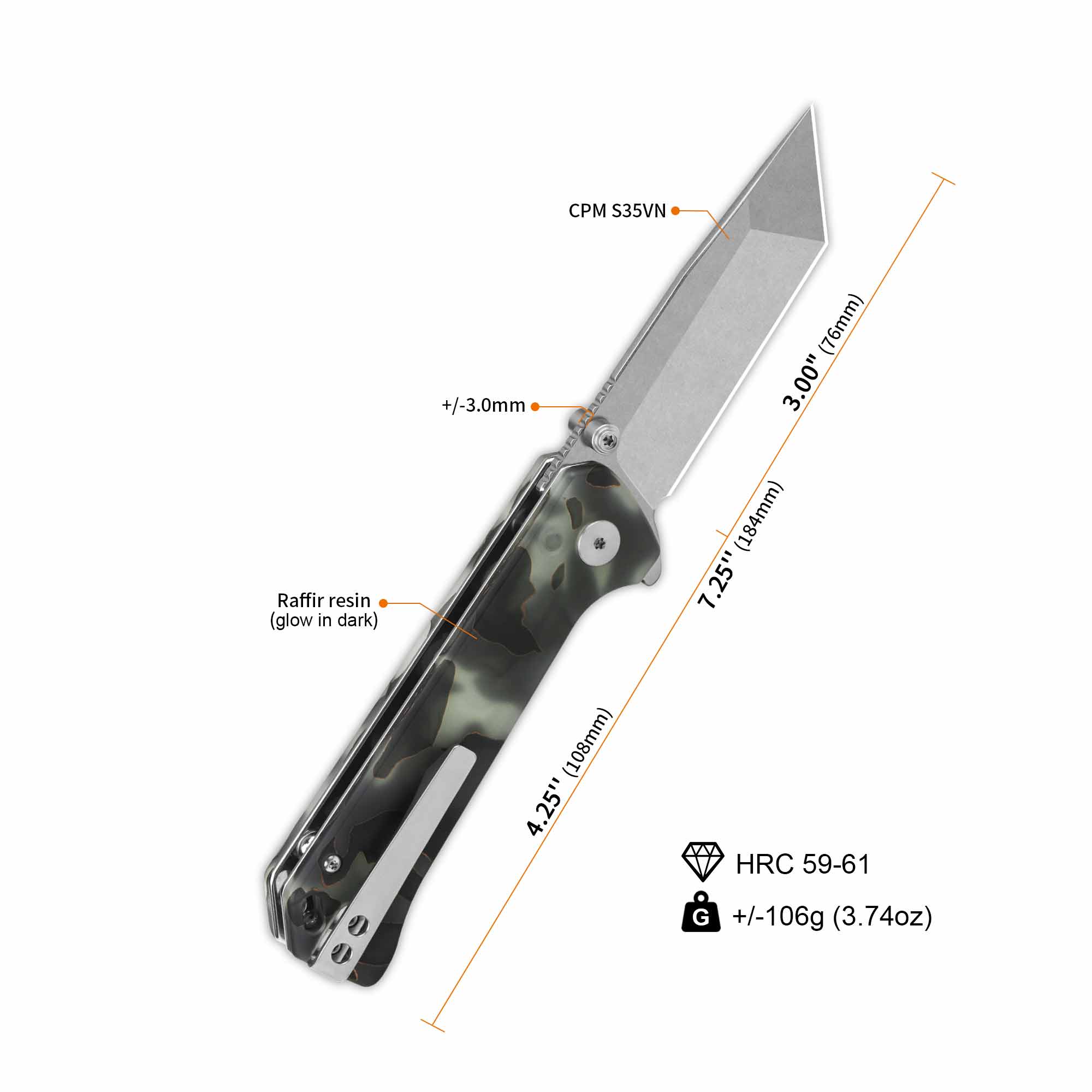 QSP Grebe T Button Lock Pocket Knife S35VN blade Raffir resin Glow in Dark Handle - Image 4
