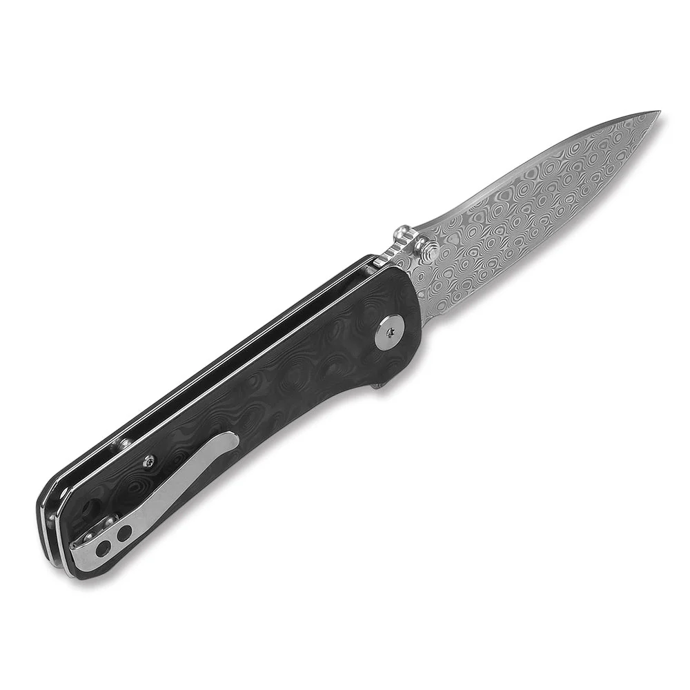 QSP Hawk Liner Lock Pocket Knife Laminated Damascus/S35VN Blade with Marbled Carbon Fiber Handles - Image 4