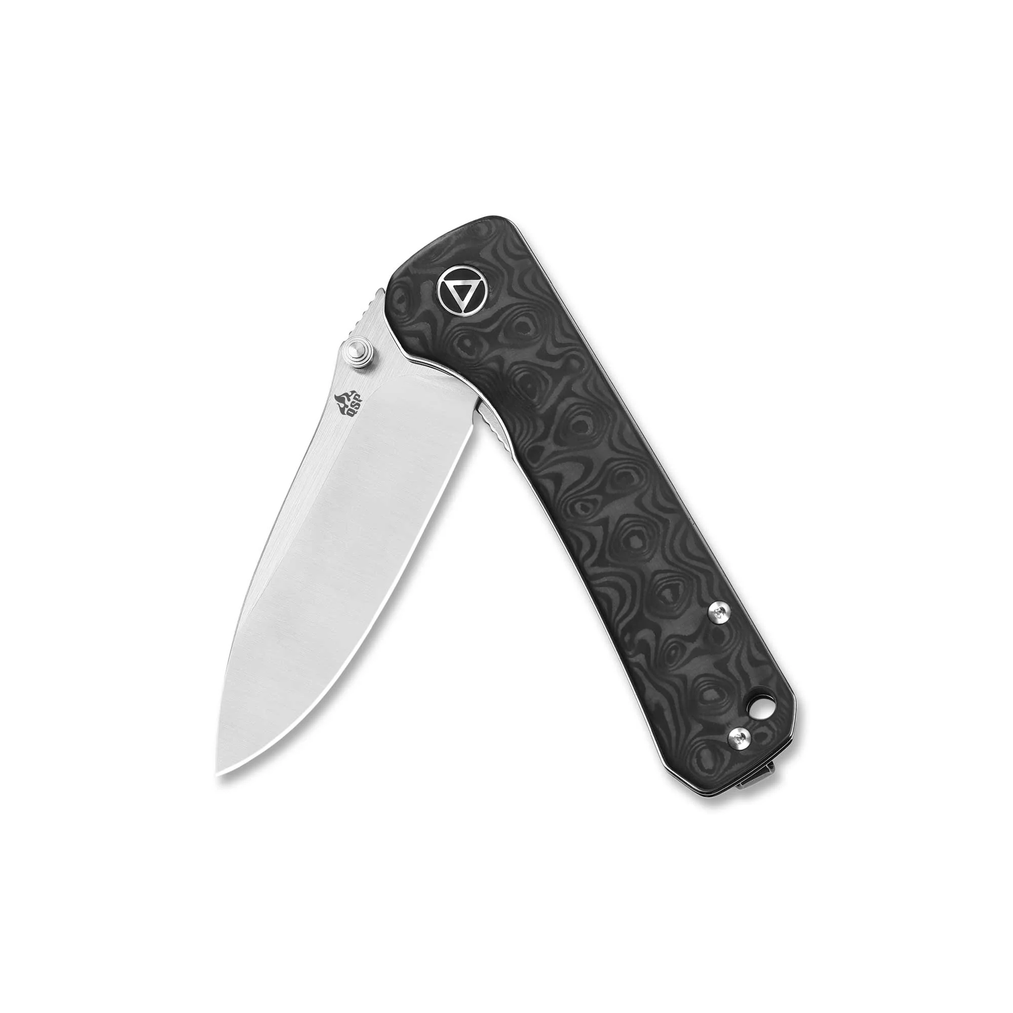 QSP Hawk Liner Lock Pocket Knife Laminated Damascus/S35VN Blade with Marbled Carbon Fiber Handles - Image 6