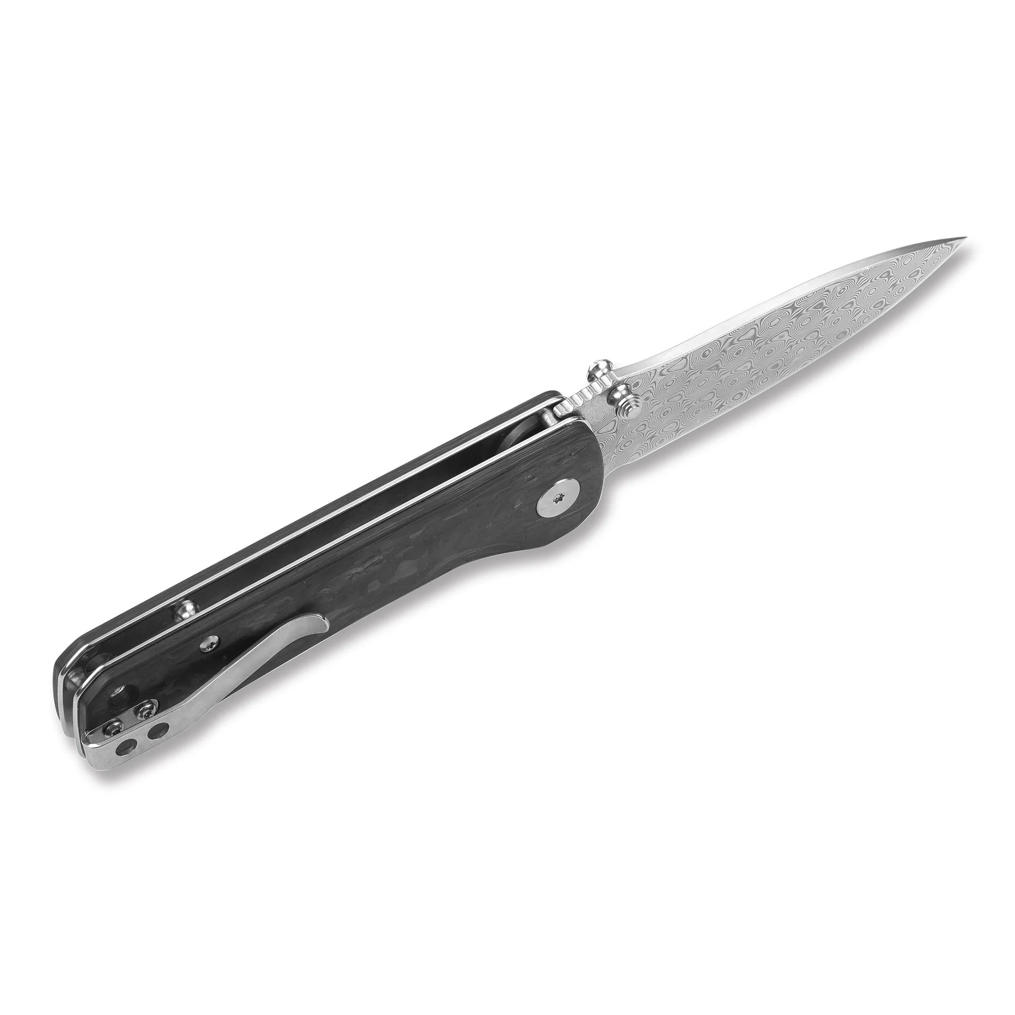 QSP Hawk Liner Lock Pocket Knife Laminated Damascus/S35VN Blade with Shredded Carbon Fiber Handles - Image 4