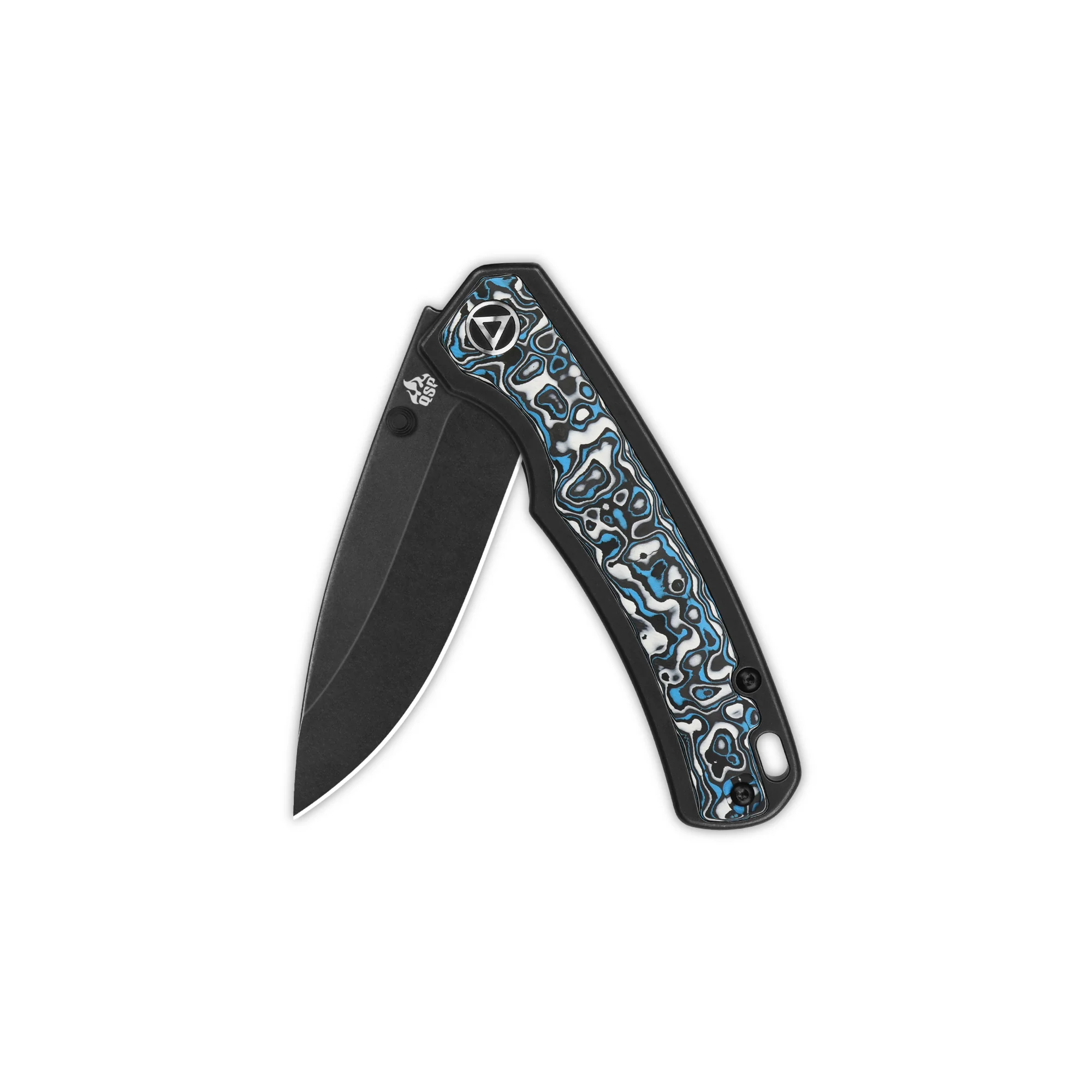 QSP Puffin Frame Lock Pocket Knife CPM S35VN Blade Titanium Handle with Blue Camo Carbon Fiber inlay - Image 7
