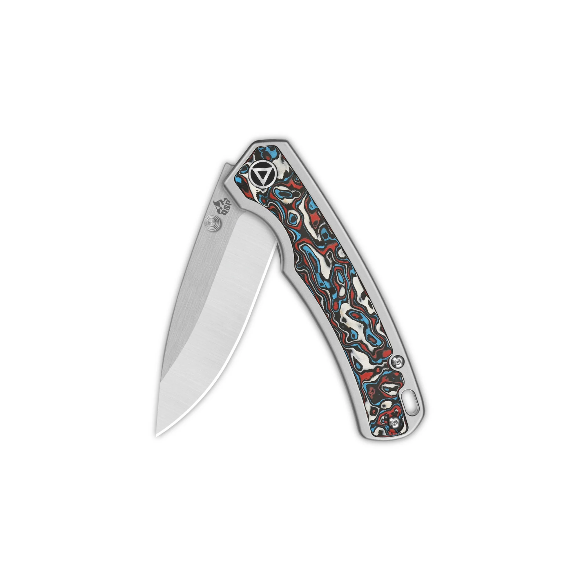 QSP Puffin Frame Lock Pocket Knife CPM S35VN Blade Titanium Handle with Red-Blue Camo Carbon Fiber inlay - Image 3