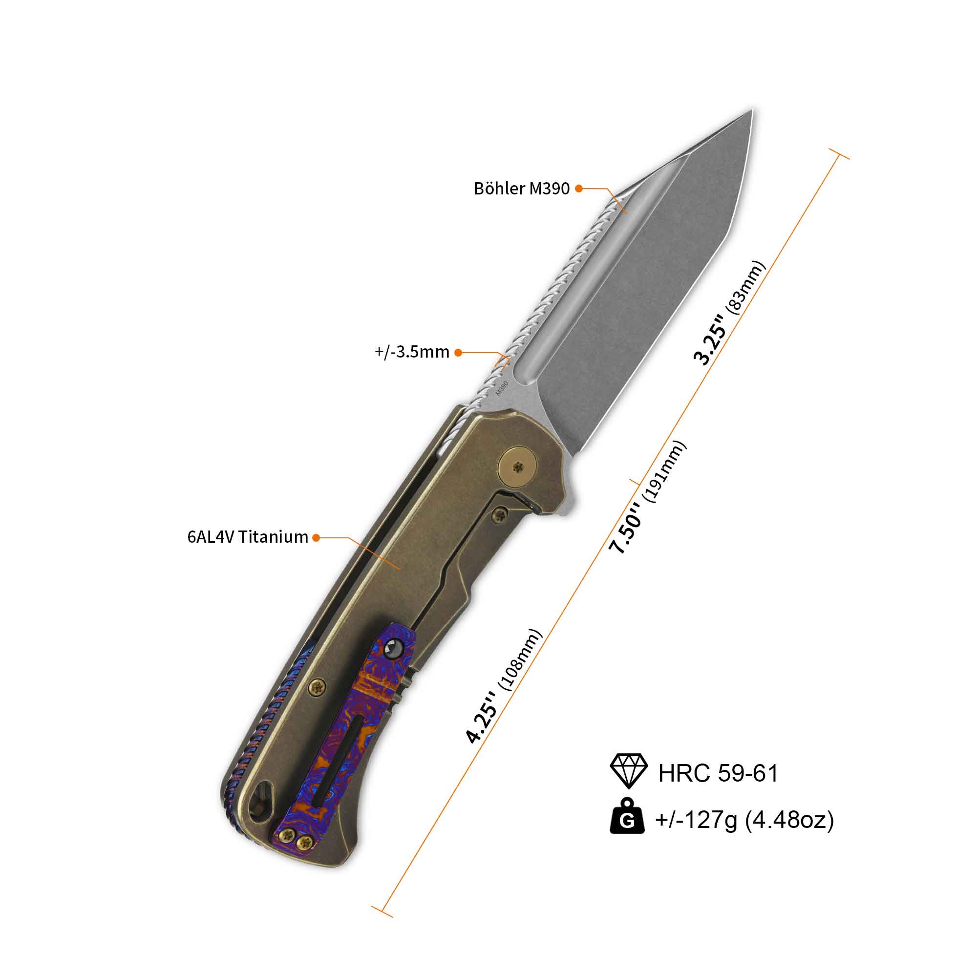 QSP Rhino Pocket Knife Böhler M390 Flat Blade Titanium Handle - Image 15