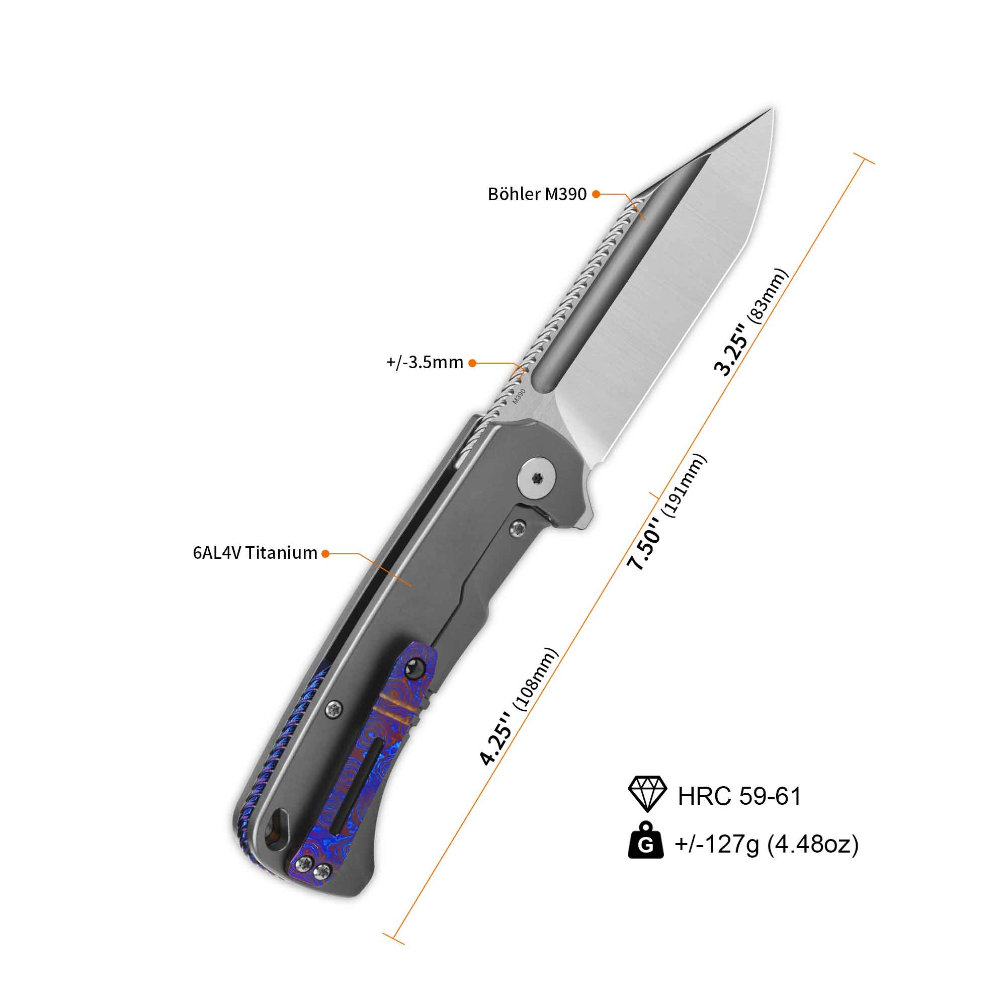 QSP Rhino Pocket Knife Böhler M390 Flat Blade Titanium Handle - Image 3
