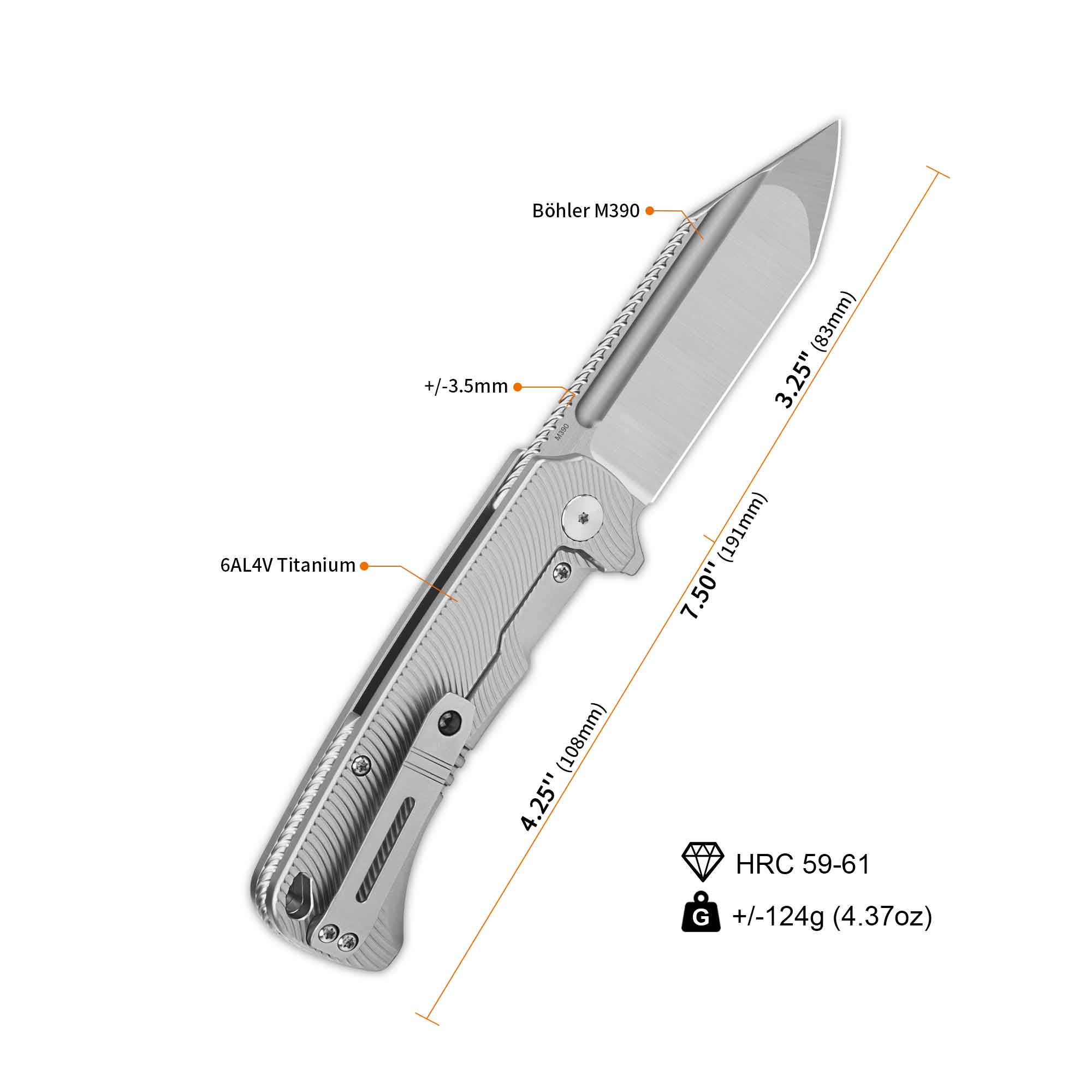 QSP Rhino Pocket knife Böhler M390 Compound blade Texture Titanium handle - Image 3
