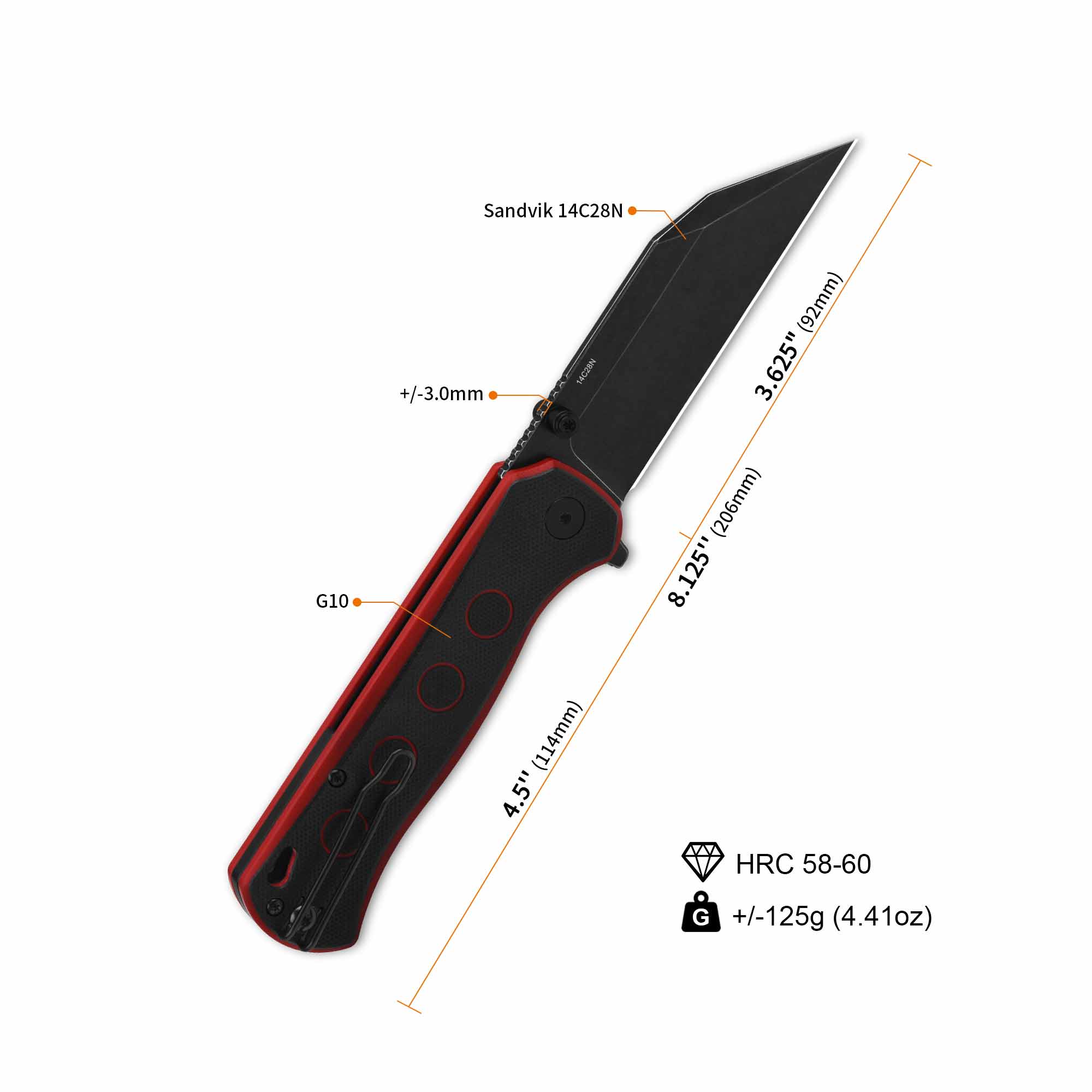 QSP Swordfish Button Lock Pocket Knife 14C28N blade Black/Red G10 handle - Image 7