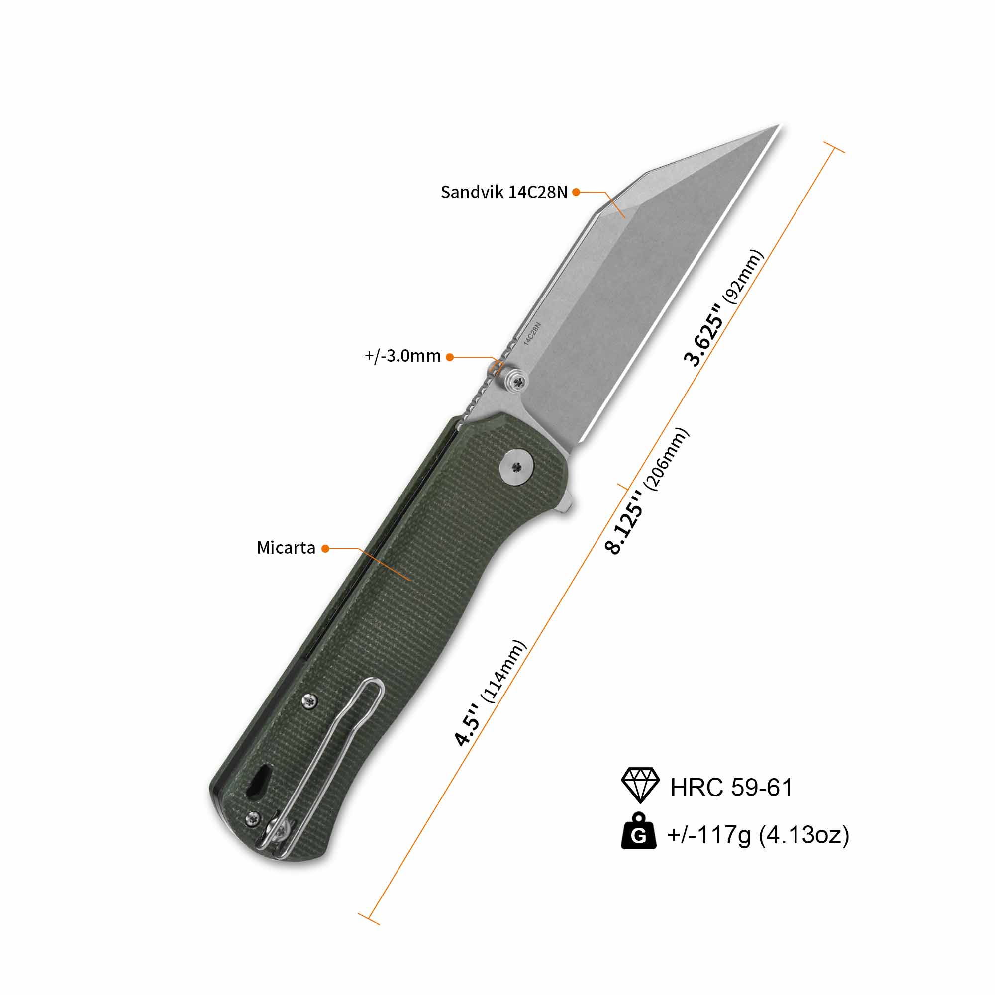 QSP Swordfish Button Lock Pocket Knife 14C28N blade Green Micarta handle - Image 3