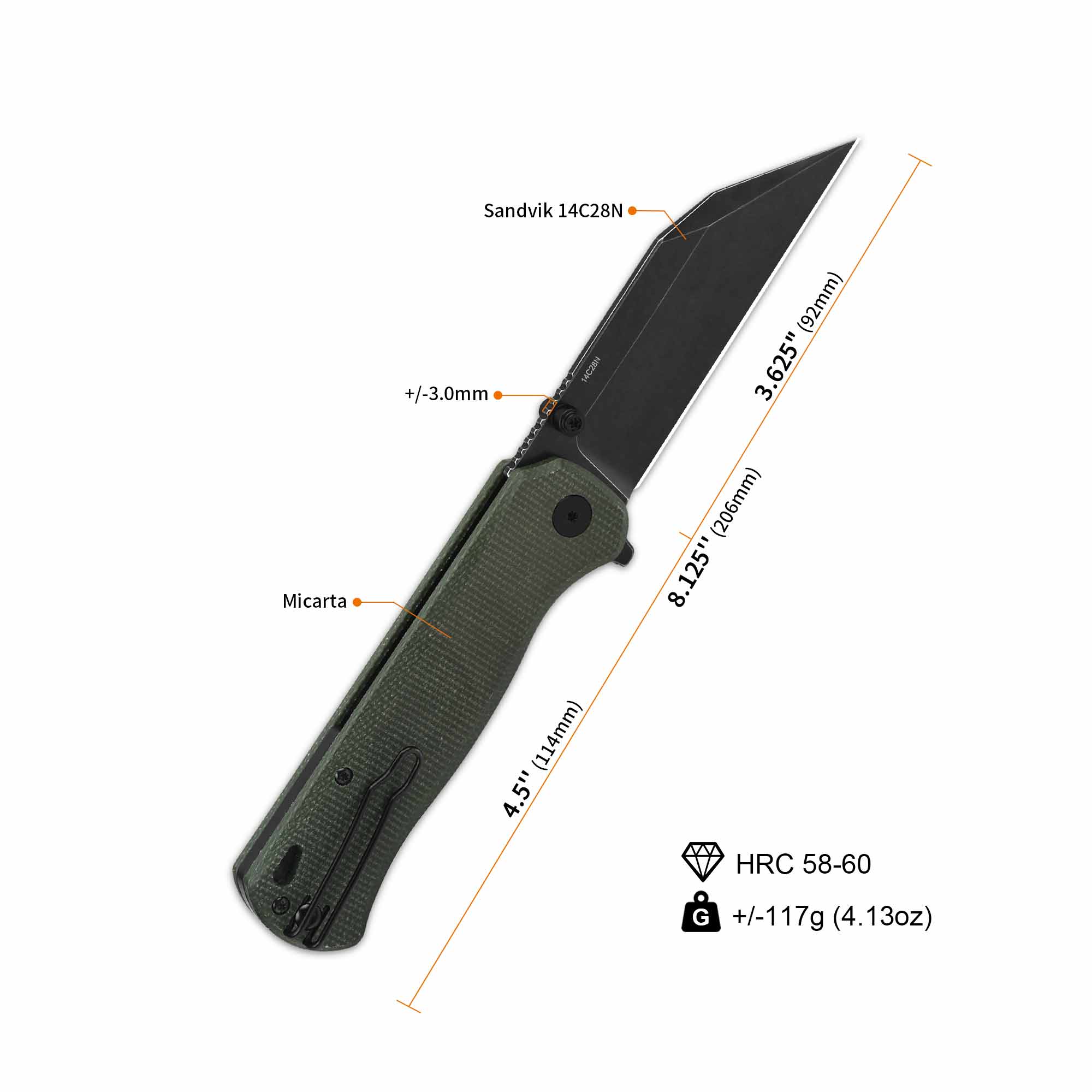 QSP Swordfish Button Lock Pocket Knife 14C28N blade Green Micarta handle - Image 7