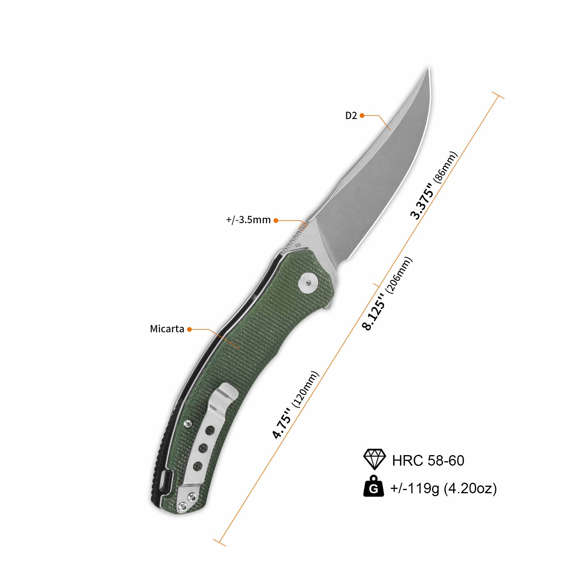 QSP Walrus Liner Lock Pocket Knife D2 Blade Green Micarta Handle - Image 3